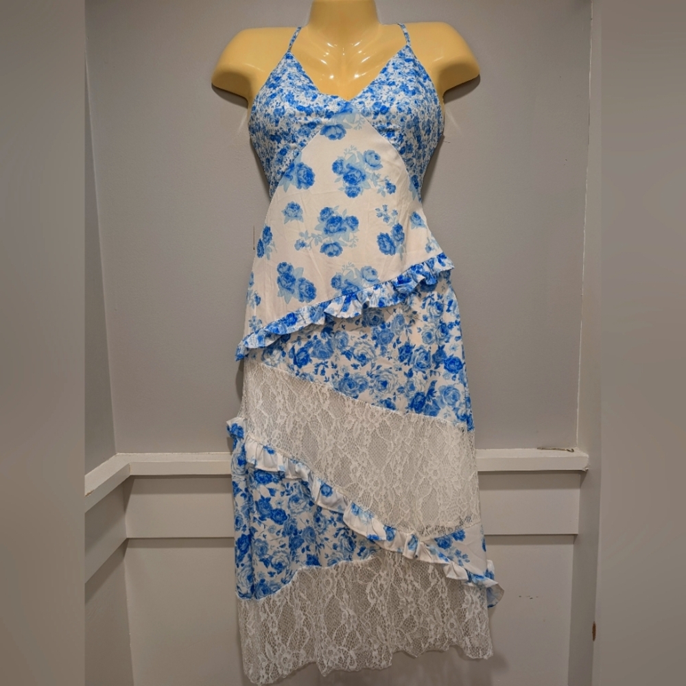 Blue and White Asymmetrical Tiered Sundress